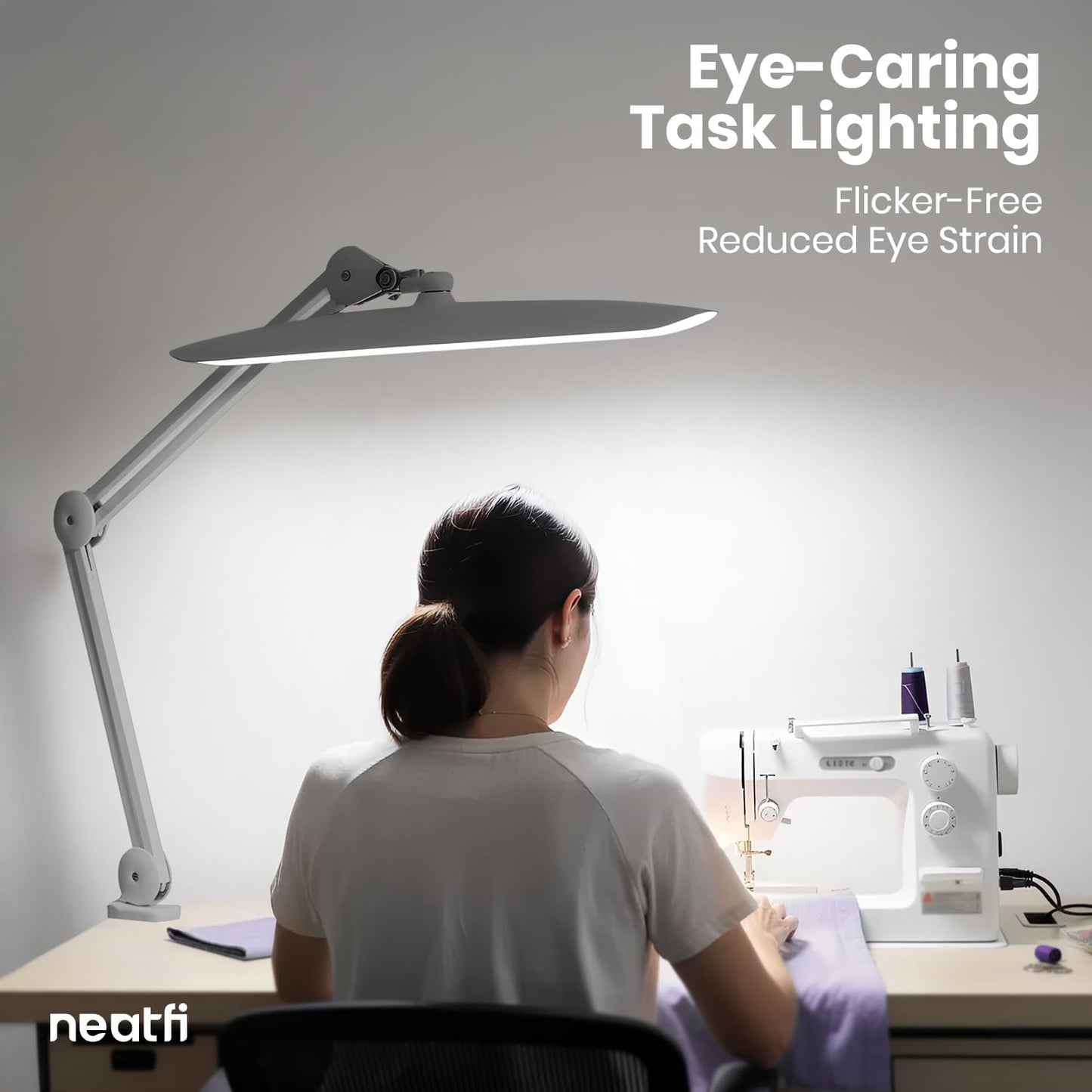 Neatfi XL 2200 Lumens 24W LED Desk Lamp – Shadow-Free Task Lighting | 4-Level Dimming | Home Office & Crafts Use | 20-Inch Wide Head (White, Non-CCT with Clamp)