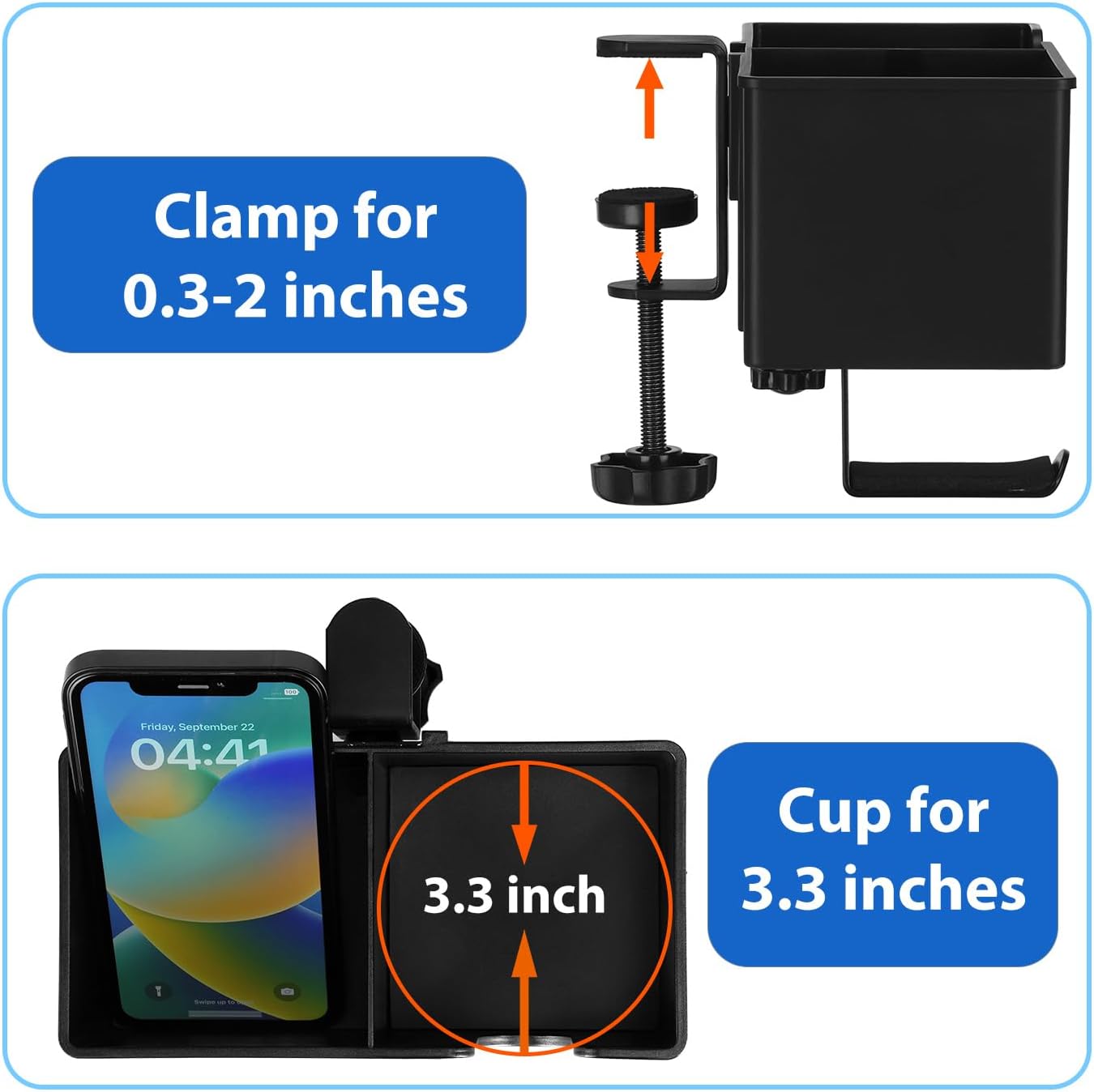 Rosyline 3-in-1 Desk Cup Holder & Clip-on Cup Holder, Clip on Desk Organizer – with Anti-Spill Function, Keeps Your Coffee, Headset, Phone & Pens Within Easy Reach, for Office Desk (Black)