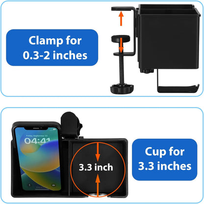 Rosyline 3-in-1 Desk Cup Holder & Clip-on Cup Holder, Clip on Desk Organizer – with Anti-Spill Function, Keeps Your Coffee, Headset, Phone & Pens Within Easy Reach, for Office Desk (Black)