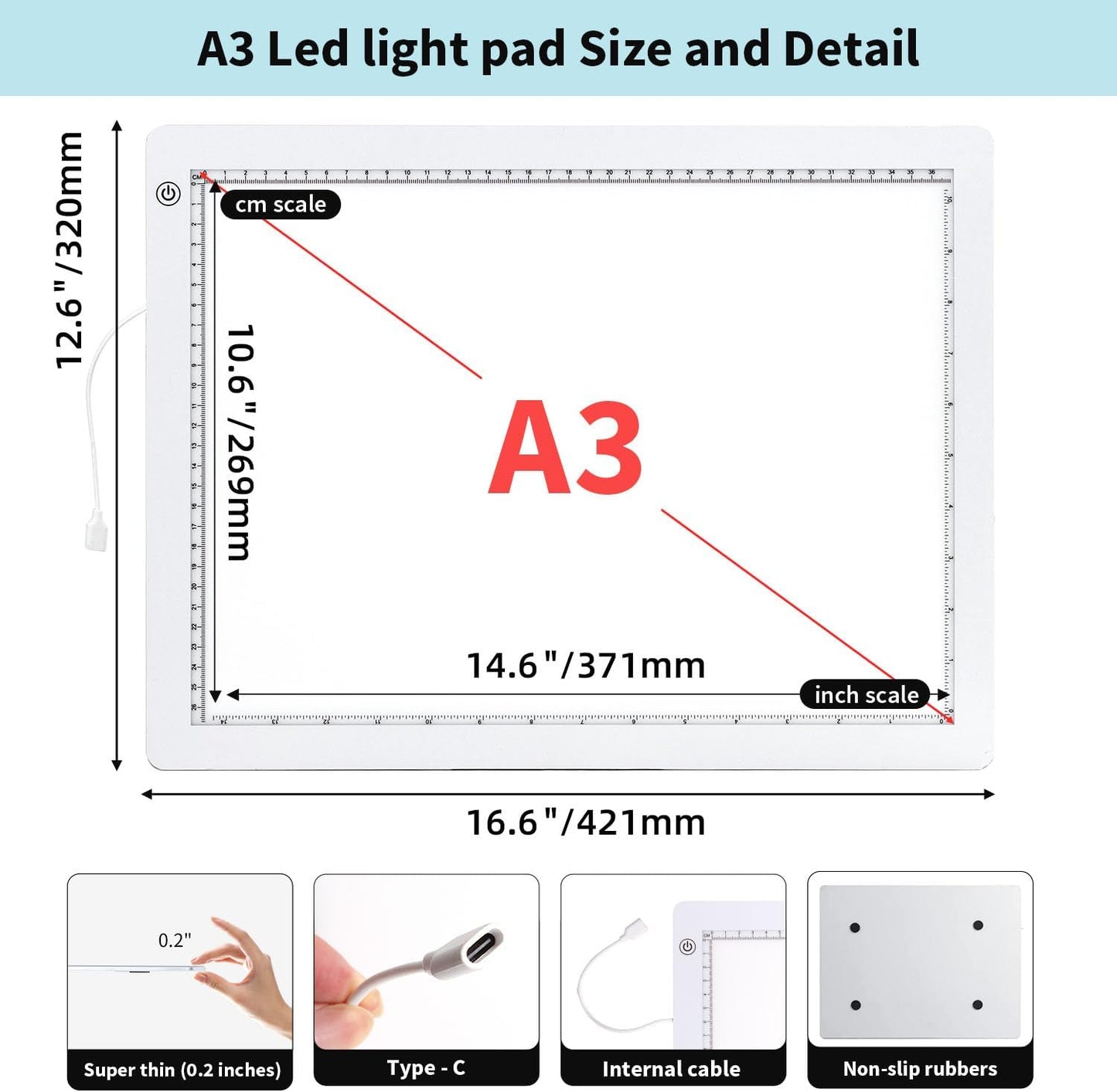 Zocelight A3 Light Pad for Diamond Painting Kit,4800Lux Super Bright 5mm Ultra Thin Diamond Art Light Board with Stand and Clip,3 Levels Dimming Light Box for Artists,Drawing,Sketching,Animation