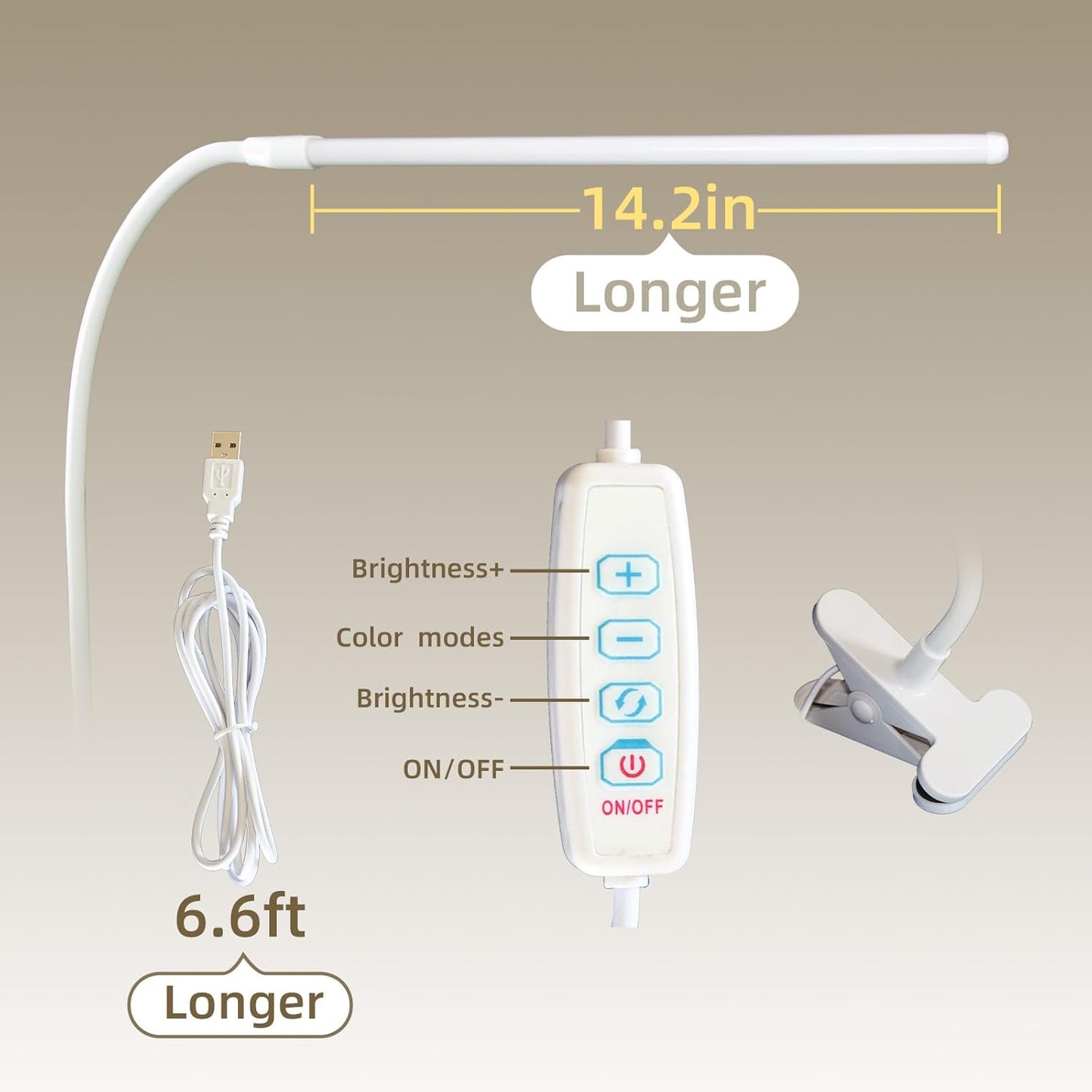Clip on Desk Lamp with Long Flexible Arm, 3 Color Modes & 10 Dimmable Brightness LED Task Light, USB Powered for Home Office, Sewing, Study, Craft, Easel