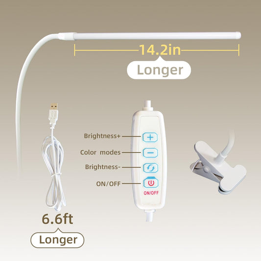 Clip on Desk Lamp with Long Flexible Arm, 3 Color Modes & 10 Dimmable Brightness LED Task Light, USB Powered for Home Office, Sewing, Study, Craft, Easel