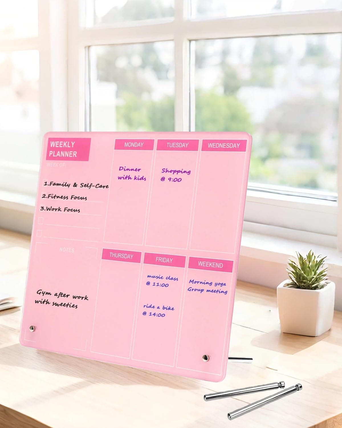 Desktop Thickened Acrylic Dry Erase Board, Weekly White Board with to Do List, Tabletop Whiteboard with Stand, Frameless Dry Erase Pink White Board，9.5"x6.7" for Office, Home, School(Desktop-PK-1724)
