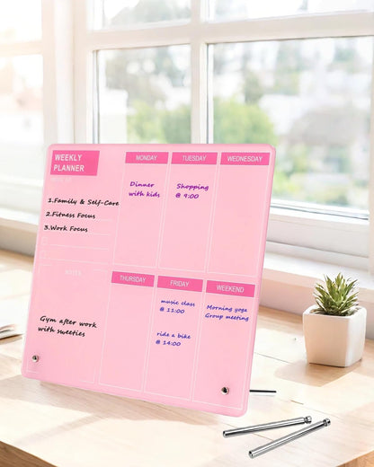 Desktop Thickened Acrylic Dry Erase Board, Weekly White Board with to Do List, Tabletop Whiteboard with Stand, Frameless Dry Erase Pink White Board，9.5"x6.7" for Office, Home, School(Desktop-PK-1724)
