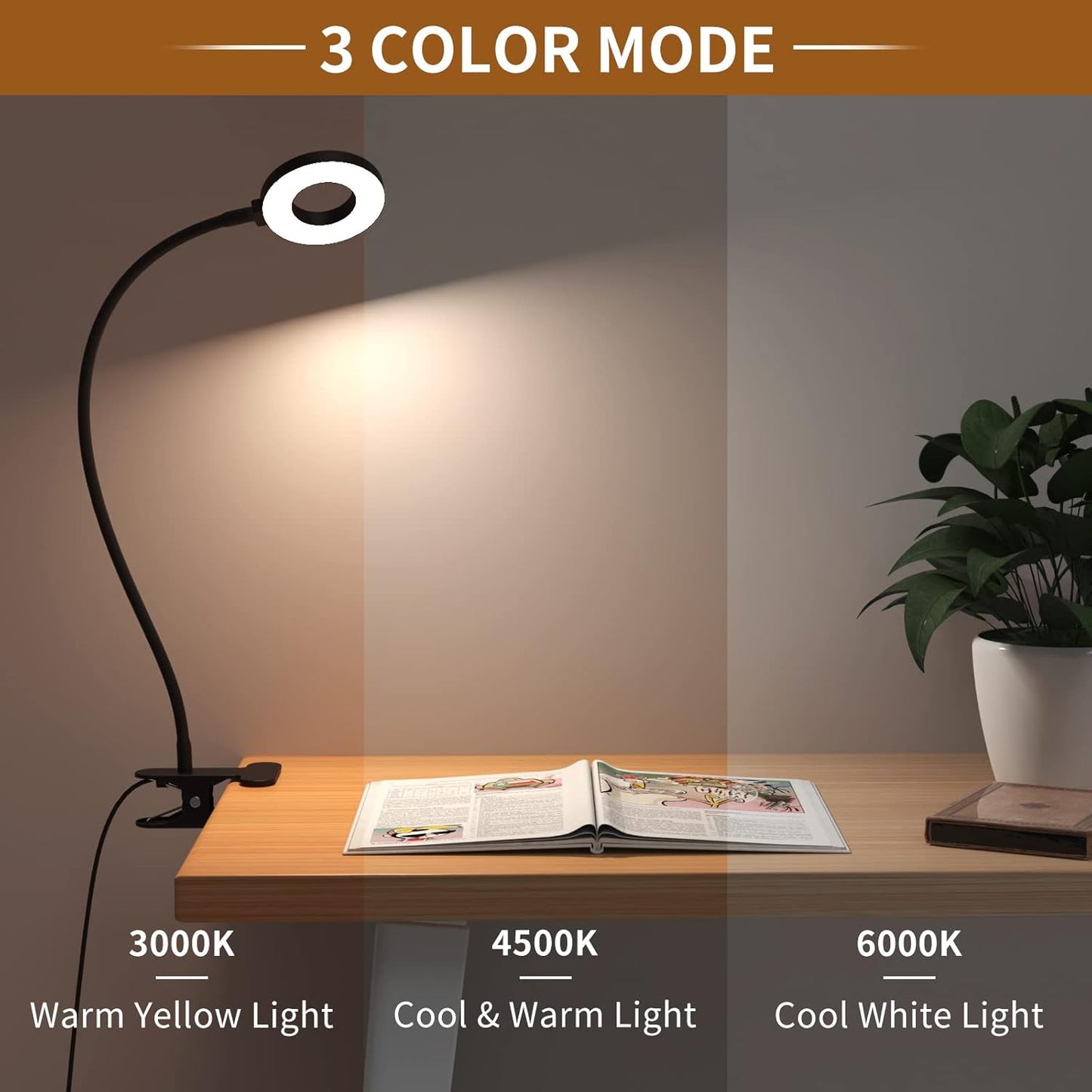 iZELL Book Light, Clip on Reading Light with Silicone Flexible Arm, Dimmable LED Lamparas Clamp on Workbench Desk for Studying Painting Crafting Drawing Makeup Nail Tech Puzzle Task - 27.6‘’ White