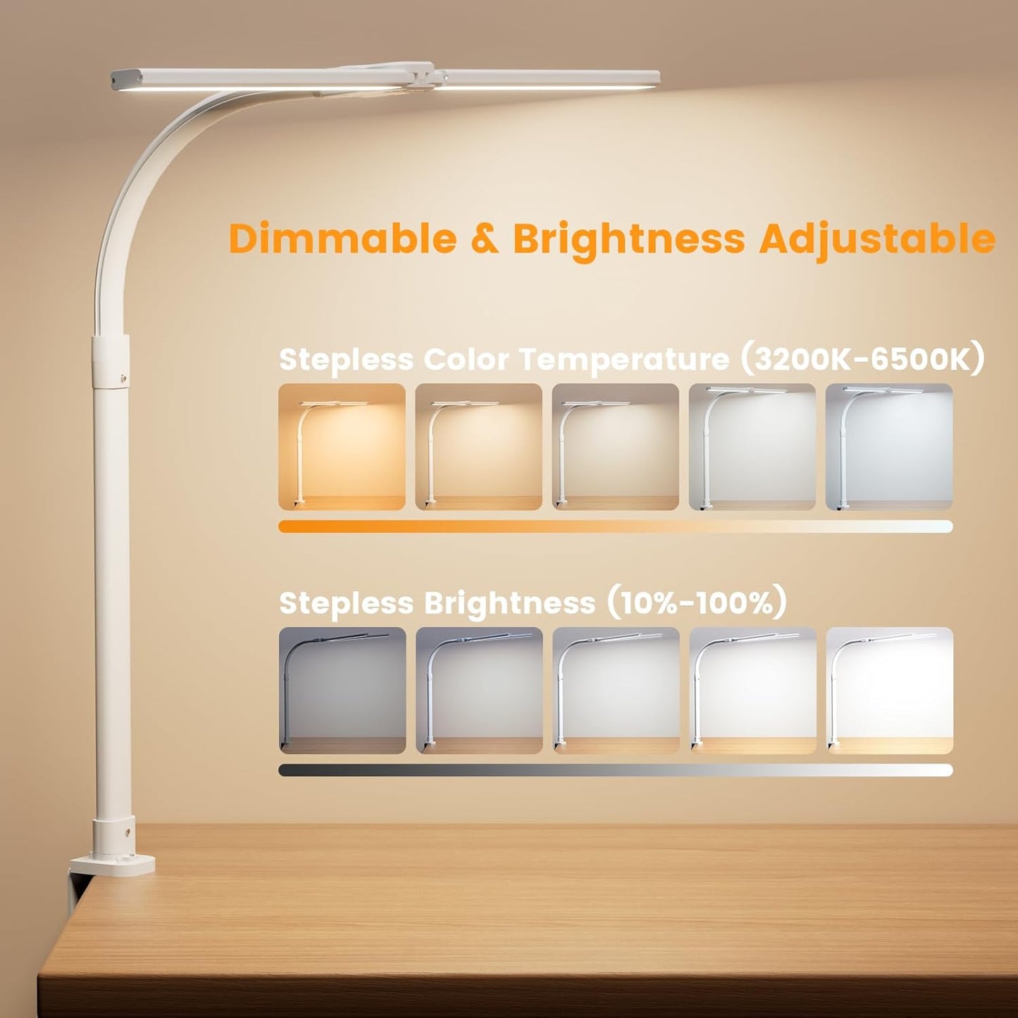 LED Desk Lamp with Base - Bright Dimmable Computer Lamp with Phone Holder, 24W Bendable Desk Light for Monitor Screen, Eye-Caring Tall Desktop Light for Task Home Office Work, Black, Dual Head