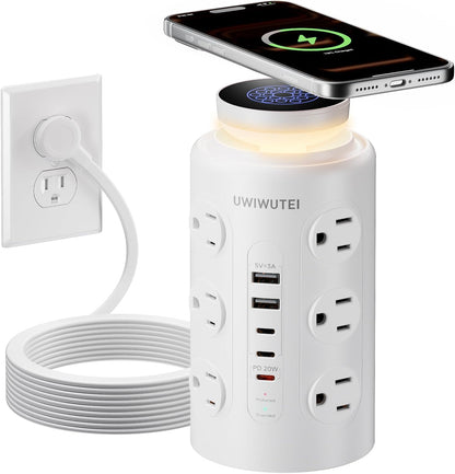 Tower Power Strip Surge Protector with 16 Outlets and 5 USB Ports (2 USB-C), 6FT Extension Cord with Multiple Outlets,Heavy Duty Charging Station,Home Office Dorm Room Essentials. No Wireless Charging