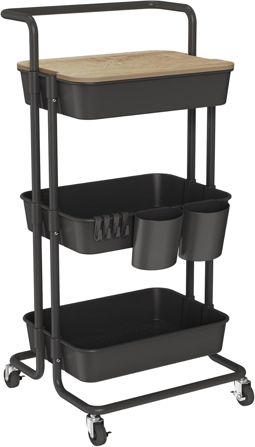 DTK 3 Tier Metal Utility Rolling Cart with Table Top and Side Bags, Tray Storage Organizer Wheels, Art Craft 4 Hooks for Kitchen Bathroom Office Living Room (Black)