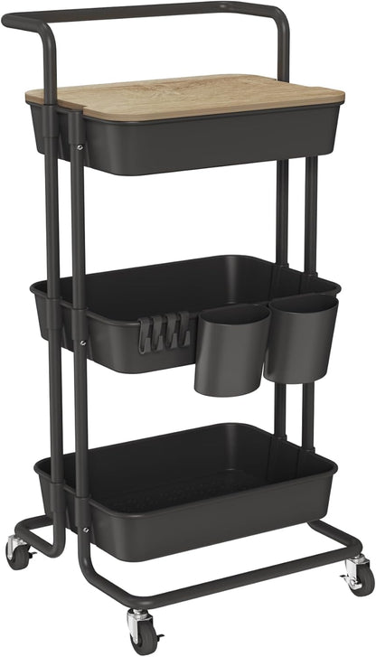 DTK 3 Tier Metal Utility Rolling Cart with Table Top and Side Bags, Tray Storage Organizer Wheels, Art Craft 4 Hooks for Kitchen Bathroom Office Living Room (Black)