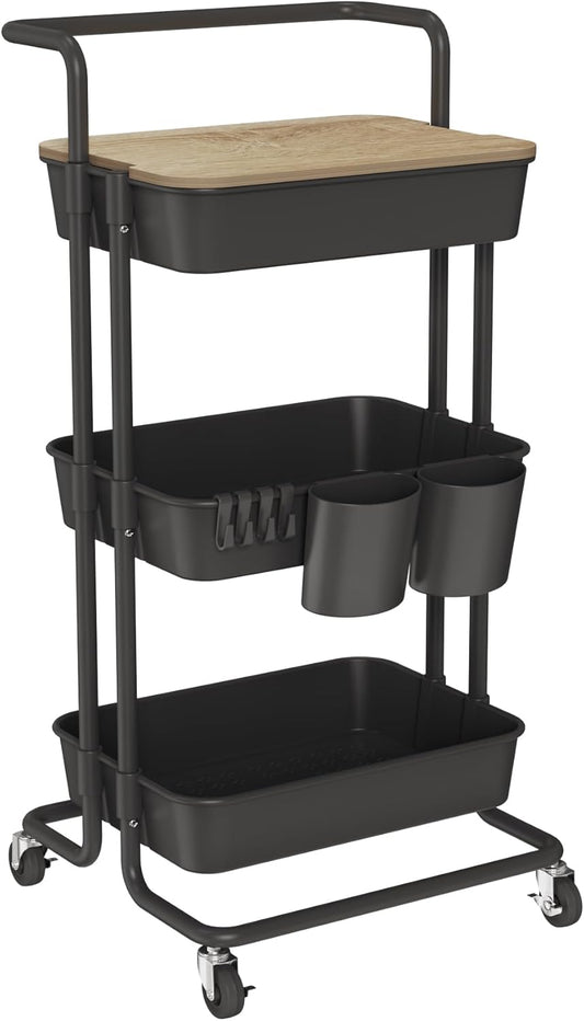 DTK 3 Tier Metal Utility Rolling Cart with Table Top and Side Bags, Tray Storage Organizer Wheels, Art Craft 4 Hooks for Kitchen Bathroom Office Living Room (Black)
