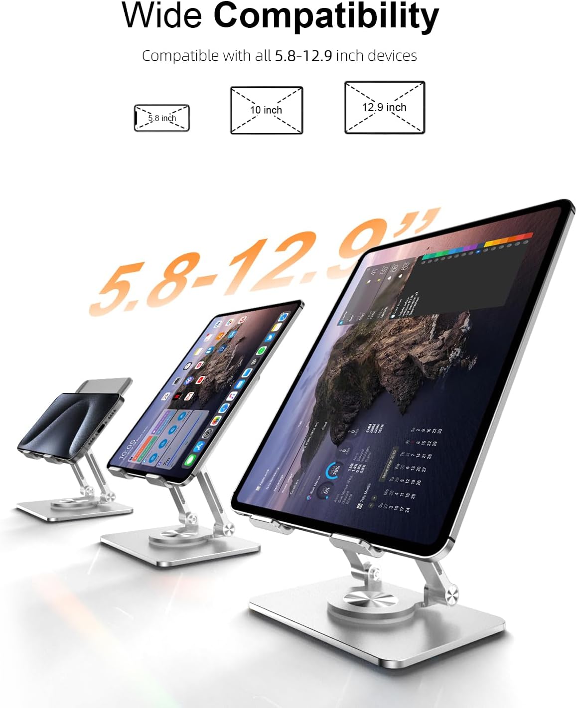 Orlian Tablet Stand Holder with Thickened 360°Rotating Base Dual Rod Adjustable Aluminum Stand for All 5.8-12.9” iPad Samsung Phone Tablet Kindle E-Reader and More, Black