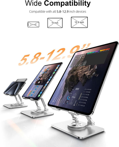 Orlian Tablet Stand Holder with Thickened 360°Rotating Base Dual Rod Adjustable Aluminum Stand for All 5.8-12.9” iPad Samsung Phone Tablet Kindle E-Reader and More, Black
