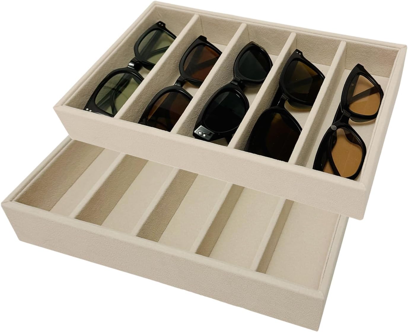 AgentMoon Velvet Eyeglasses Organizer Jewelry Tray. 5-slot Adjustable Eyeglasses Storage Tray, Thickened Frame,Sunglasses Organizer,Stackable AntiStatic. Beige,11.8 oz.