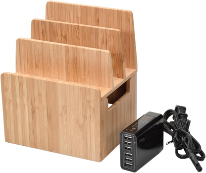 MobileVision Bamboo Charging Station & Multi Device Organizer Slim Version for Smartphones, Tablets, and Laptops