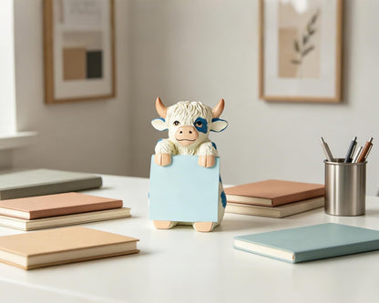 Highland Cow Pop-up Sticky Note Dispenser, Includes 1 Pad of 3x3 in Super Sticky Notes, 100 Sheets, Resin Cute Handmade Desk Holder for Office & Home-Beige