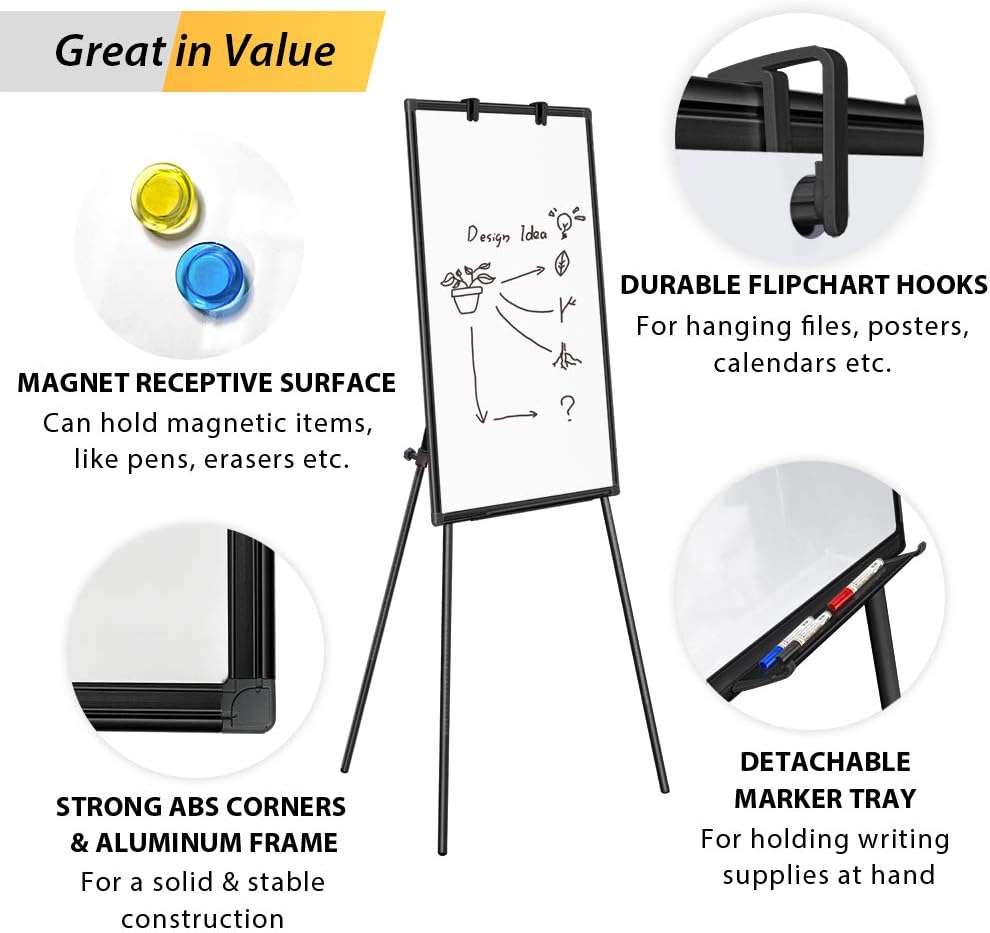 Easel Whiteboard - Magnetic Portable Dry Erase 36 x 24 Tripod Height Adjustable, 3' x 2' Flipchart Easel Stand White Board for Office or Teaching at Home & Classroom (36x24 White)