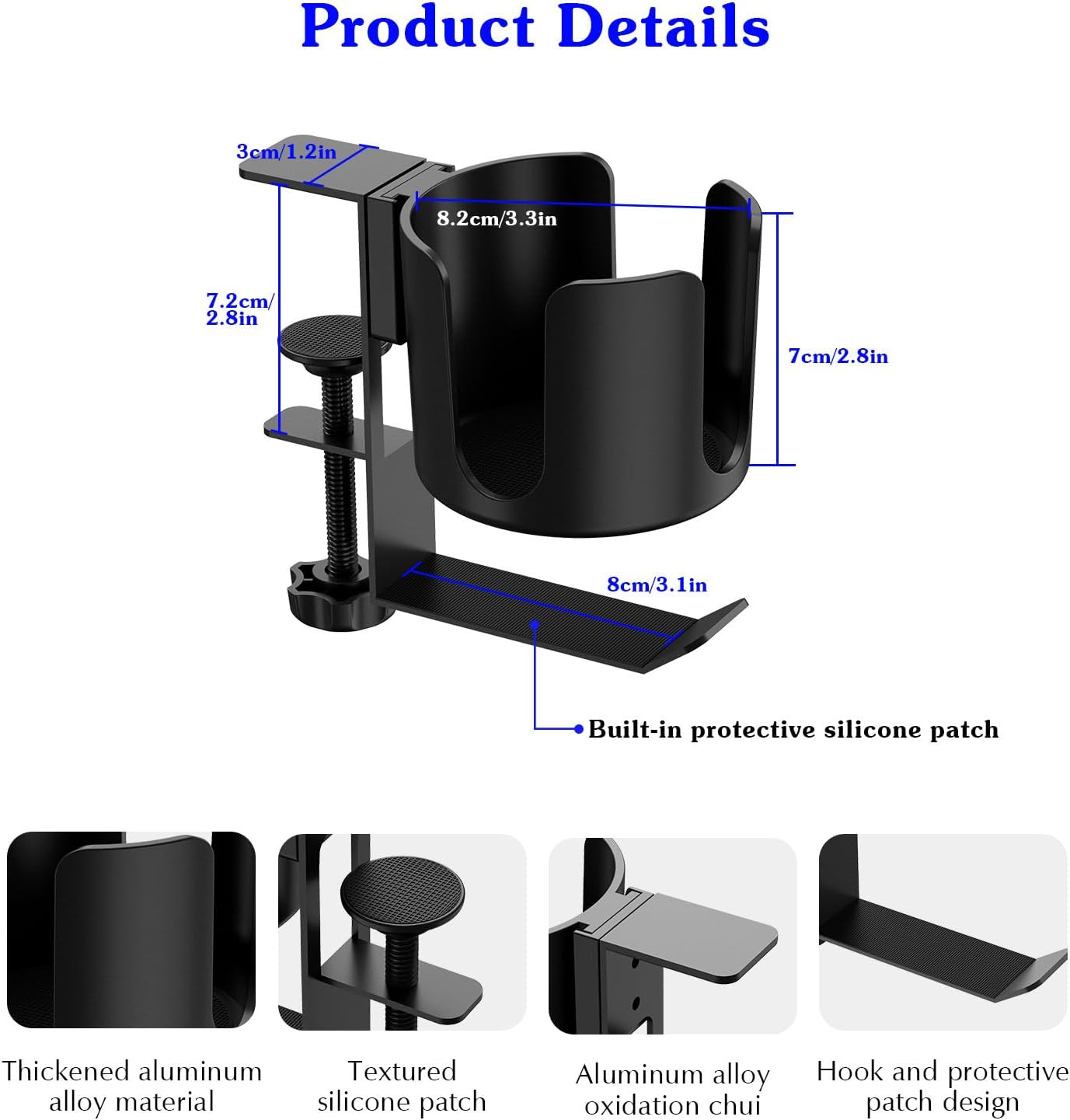Desk Cup Holder Clip On 360° Rotating Clamp,Deeper Anti-Spill Drink Holders for Water Bottles & Coffee Mugs,Adjustable Clamp Fits Screw On Table for Drinks,Office,Gaming Desk,Home,Black