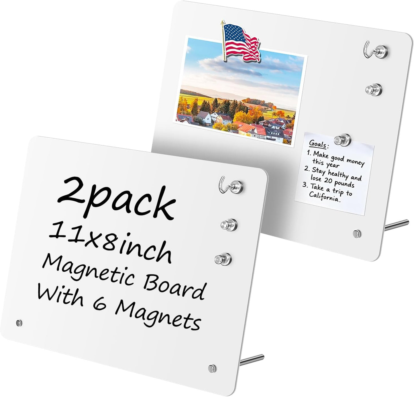 Magnetic Metal Display Bulletin Board - 2 Pack 11x8Inch Magnet Display Stand with 6 Magnets for Displaying Memos Messages Photos in Home School Kitchen Office （ Black Vertical）