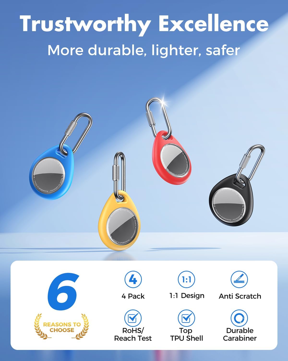 UNBREAKcable AirTag Holder for Apple - 4 Pack Air Tag Case [Professional Carabiner] [Waterproof] [Shockproof] TPU AirTag Keychain for Kids, Pets, Keys, Luggage, Backpacks