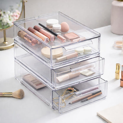 BINO | Clear Stackable Storage Drawers, Small - 3 Pack | Clear Storage Drawers with Built-In Handles | Durable Plastic Organizer Drawer | Modular Stackable Drawer Acrylic Organizer