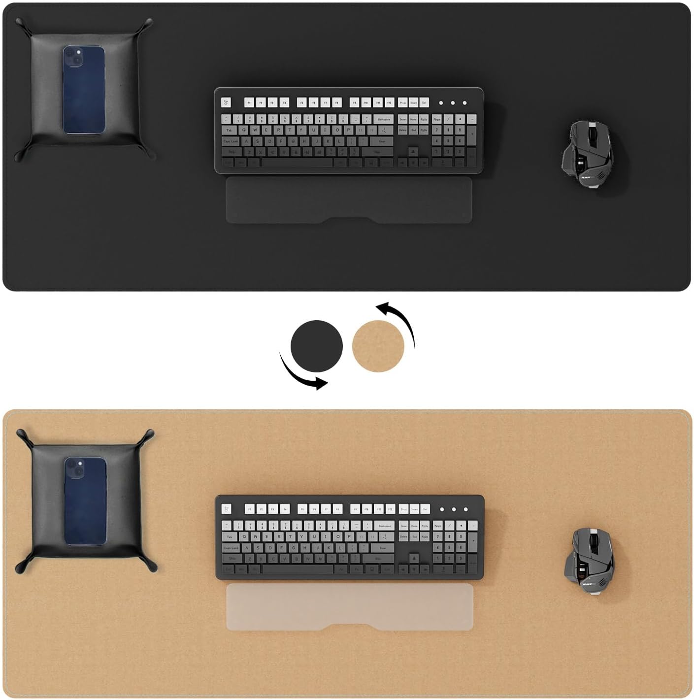 DAWNTREES Dual Sided Desk Mat,Leather Desk Pad,Brown 40"x16",Cork Desk Mat Protector,with PU Leather Valet Tray Organizer,Large Mouse Pad,Desk Writing Pad for Office and Home