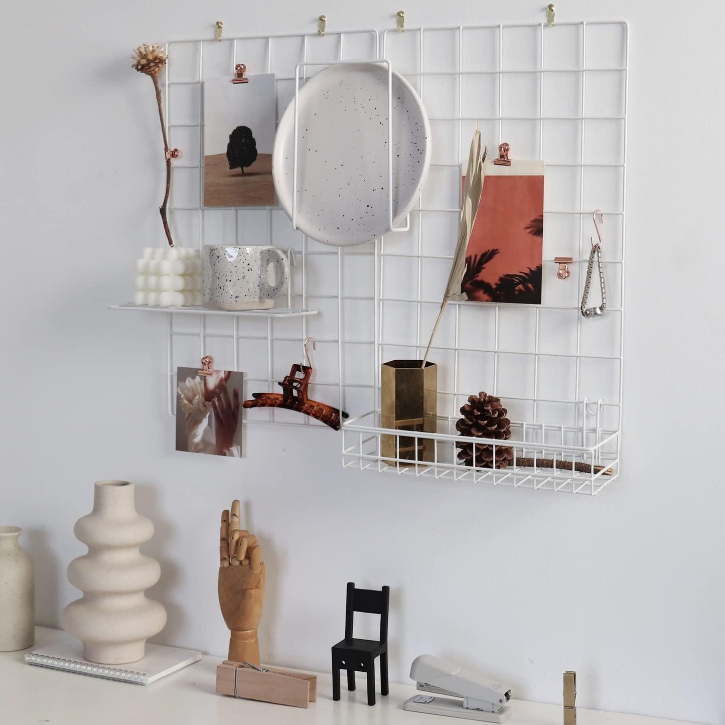 Wall Grid Panel for Photo Display,Wall Storage Organizer,5 Metal Clips & 3 S Hooks & 4 Nails & 4 Plastic Hanging Buckles and 4 Screws Offered,Size 17.5" x 11.8",2 Pack(Gold)