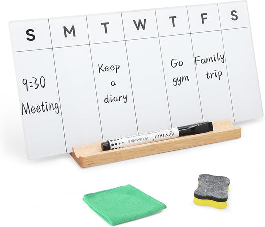 Desktop Glass Whiteboard with Wood Base, Small Whiteboard Glass Dry Erase Board Mini Whiteboard Portable Desk Whiteboard for Home, Office, 6.9x5.86 inch. Accessories Included