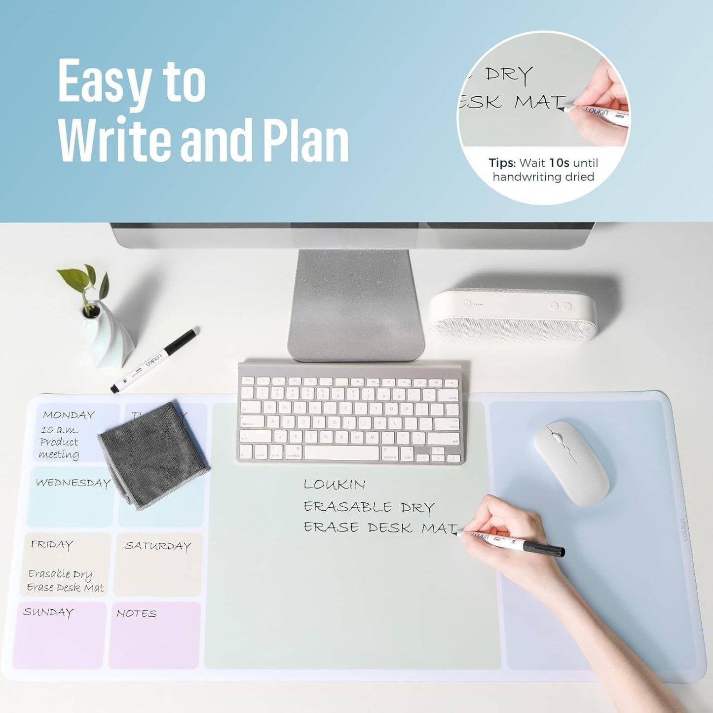 LOUKIN Erasable Dry Erase Desk Mat, 32"x14" Mouse Pad, Writing White Board, Non-Slip Desktop Protector for Office, Home, School (Includes 2 Wet Erase Markers & Cleaning Cloth)