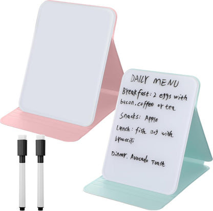 Dunzoom 2 Sets 4 Pcs Small Glass Desktop Whiteboard with Reversable Stand 8x6 Inch Mini Dry Erase White Board Easel with 2 Markers Reusable Desk Notepad for Home Office School Supplies (Pink,Green)