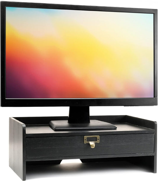 EXCELLO GLOBAL PRODUCTS Wooden Monitor Stand: Includes Drawer for Desktop Organization of Notebooks, Pens, Pencils & Office Supplies (White)
