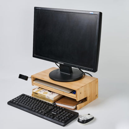 Wood Monitor Stand Riser Organizer for Desk Top with Storage Drawer & Phone Holder,Bamboo Monitor Stand with Keyboard Tray, Non Slip Desk Riser, Desk stand for computer monitor