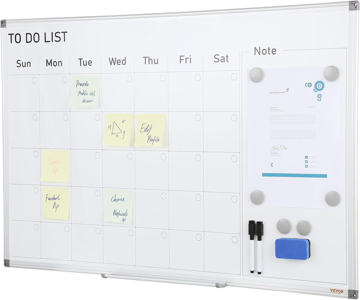 VEVOR Magnetic Glass Whiteboard, Dry Erase Board 36"x24", Wall-Mounted Large White Glassboard Frameless, with Marker Tray, an Eraser and 2 Markers, Black