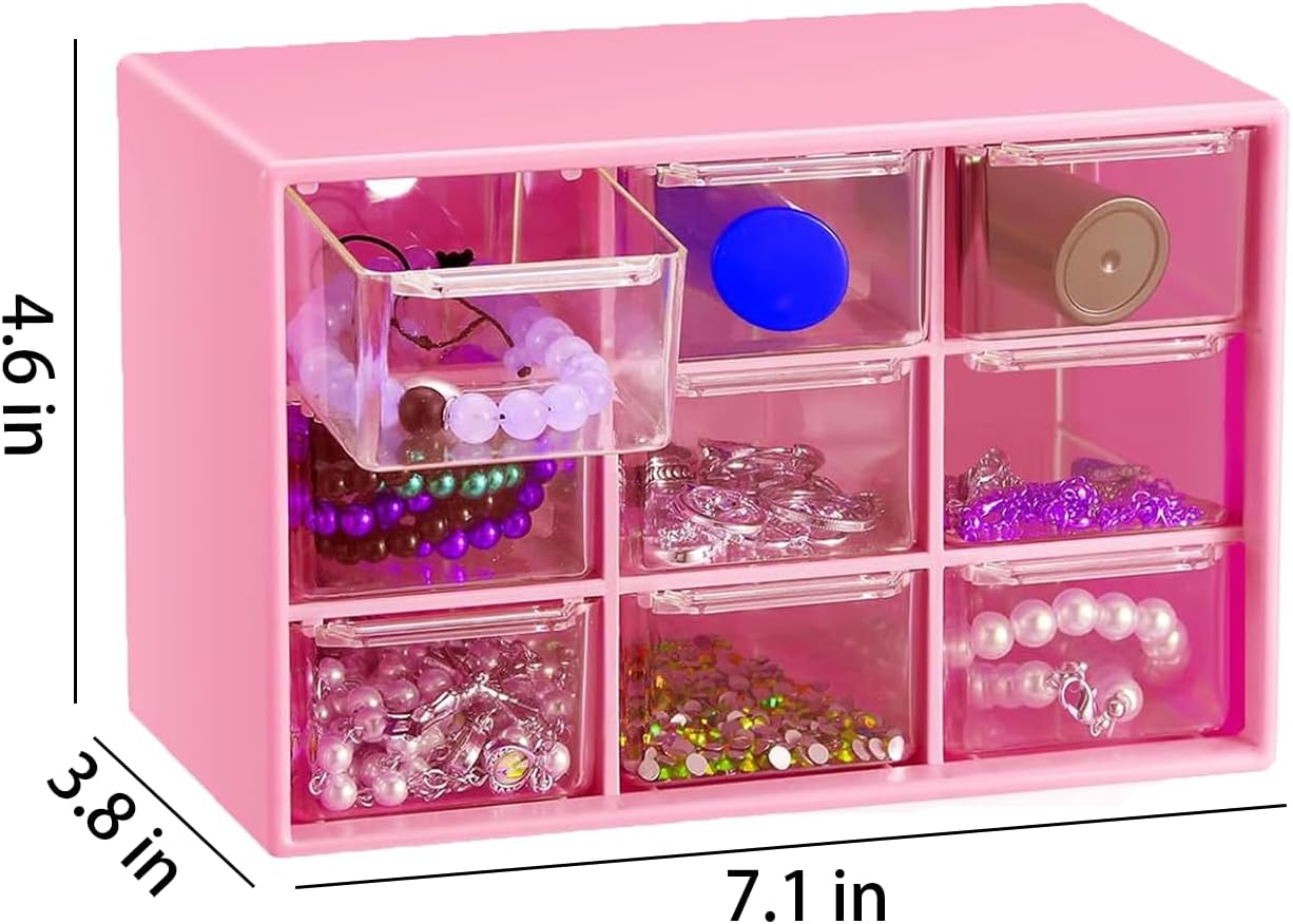 Small Drawer Organizer for Desk, 7.1" x 3. 8" x 4.6" Mini Desktop Drawer Organizer with 9 Clear Drawers, Plastic Desktop Craft Storage Box for Desk Office School Home (White)