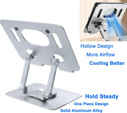 DCHAV Foldable Adjustable Drawing Tablet Stand for Desk iPad Holder Laptop Computer Riser 360 Rotating Ergonomic Aluminum Raised Table for Portable Monitor Phone 5-12 Inch Notebook, Silver