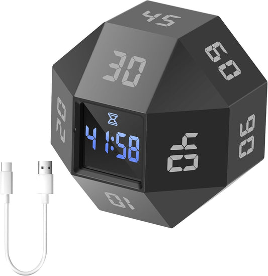 Cube Timer, ABS Rotating Pomodoro Timer Time Management Cube with 12 Side Time Module Rechargeable Pomodoro Timer 3 Alarm Reminder Modes Cube Timer Suitable for Bedroom