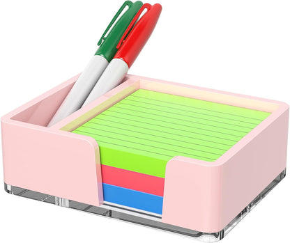 Sticky Note Holder, Glitter Pink Acrylic Notepad Holder 3x3 in Self-Stick Note Dispenser Office Desk Accessories, Memo Pad Holder Organizer for Classroom School Supplies