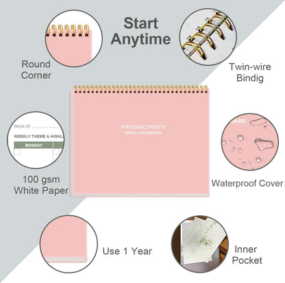 Weekly Productivity Dashboard - 8.5" x 11" Dashboard Desk Notepad Has 6 Focus Areas to List Tasks for Goals, Projects, Clients, Academic or Meal-Organize Your Daily Work Efficiently, 54 Weeks, Green