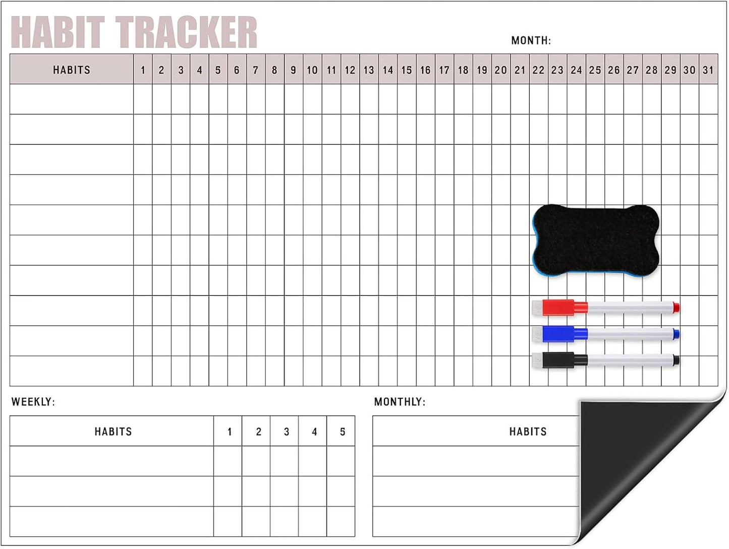 Maitys Habit Tracker for Fridge 12 x 16 Inch Magnetic Workout Tracker Journal Motivation Dry Erase Goal Habit Calendar for Whiteboard with 3 Marker Pens and 1 Eraser