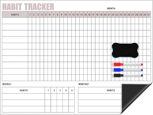 Maitys Habit Tracker for Fridge 12 x 16 Inch Magnetic Workout Tracker Journal Motivation Dry Erase Goal Habit Calendar for Whiteboard with 3 Marker Pens and 1 Eraser