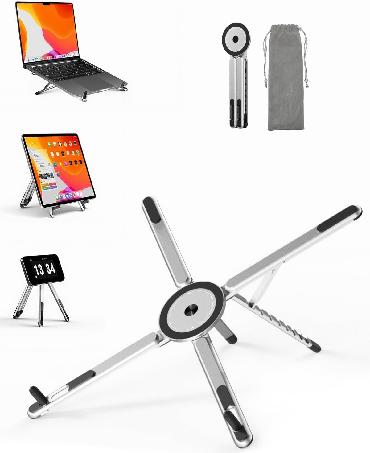 SupeDesk Adjustable Laptop Stand, 3-in-1 Magnetic Foldable Stand for Laptop, Tablet & Phone, Portable Aluminum Laptop Riser with Multi-Angle Support for Desk, Home & Travel, Black
