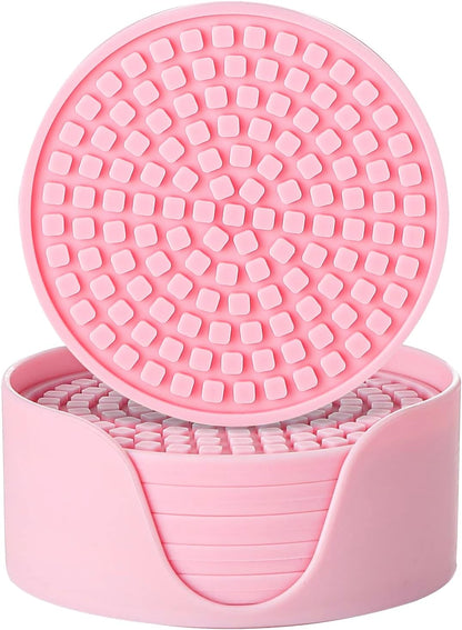 Colinda Silicone Drink Coasters with Holder, Set of 6, Outdoor Cup Mat for Hot or Cold Drinks, Thickened, Non-Slip,Non-Stick, Pink