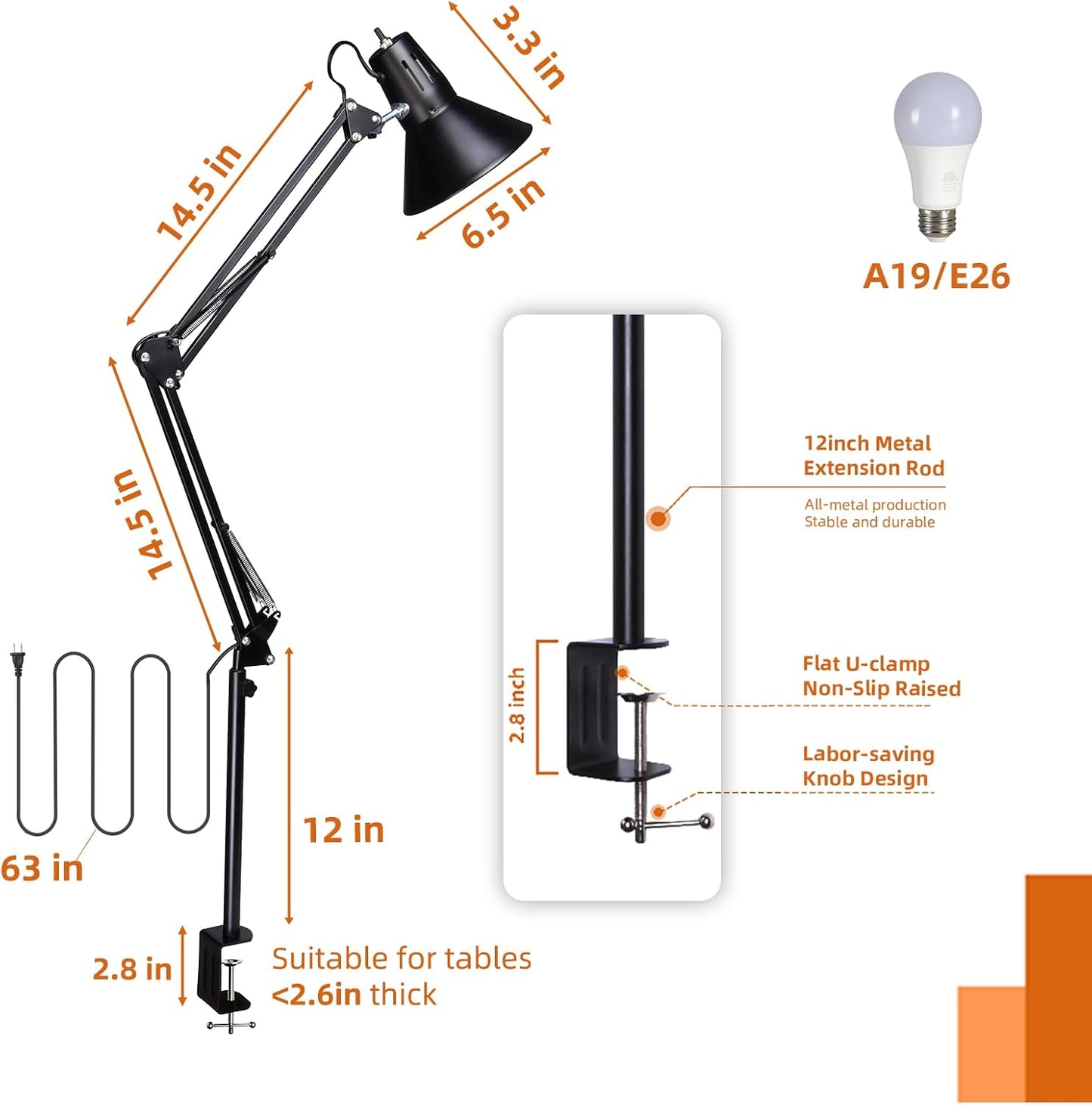 Desk Lamp With Clamp for Home Office, Eye-Caring Clip on Light with Adjustable Extra Tall Metal Swing Arm, High Intensity Clamp Lamp w/LED Bulb, Architect Task Table Lamps for Study, Workbench-B/5000k