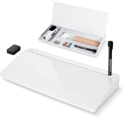 Glass Desktop Whiteboard with Storage 15" x 7" Desk Dry Erase Board with Marker & Eraser Compact Desk Organizer Computer Keyboard Stand Desk Board Buddy for Office, Home, School