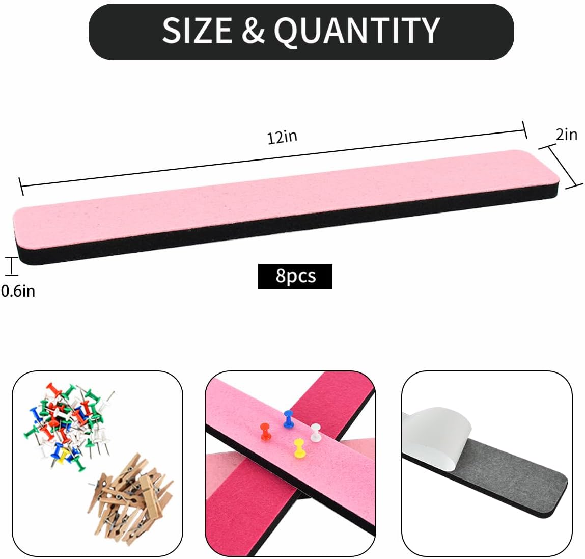 Vuzvuv 8 pcs Bulletin Board Bar Strips with 50 Pushpins & 10 Wooden Clip pins，Self Adhesive Cork Board for Wall，Felt Pin Board for School，Office Decor（Black White Grey）