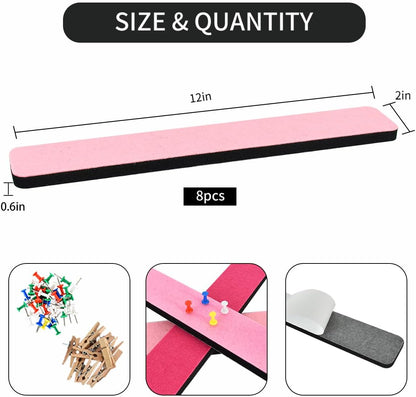 Vuzvuv 8 pcs Bulletin Board Bar Strips with 50 Pushpins & 10 Wooden Clip pins，Self Adhesive Cork Board for Wall，Felt Pin Board for School，Office Decor（Black White Grey）