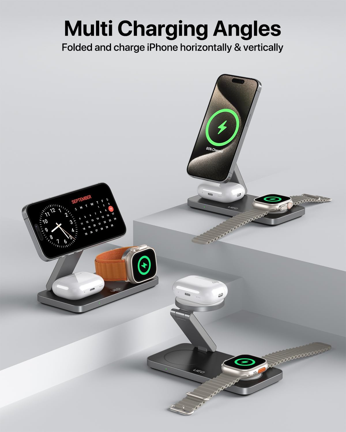 UEQ Foldable 3 in 1 Wireless Charging Station for Apple Magsafe Charger Stand,Fast Magnetic Wireless Charger Station for iPhone 17 Air 16 15 14 13 12 Series,Airpods Pro,Apple Watch Ultra (Pure Black)