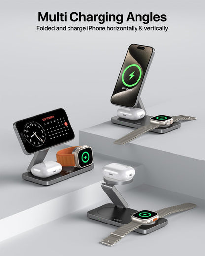 UEQ Foldable 3 in 1 Wireless Charging Station for Apple Magsafe Charger Stand,Fast Magnetic Wireless Charger Station for iPhone 17 Air 16 15 14 13 12 Series,Airpods Pro,Apple Watch Ultra (Pure Black)