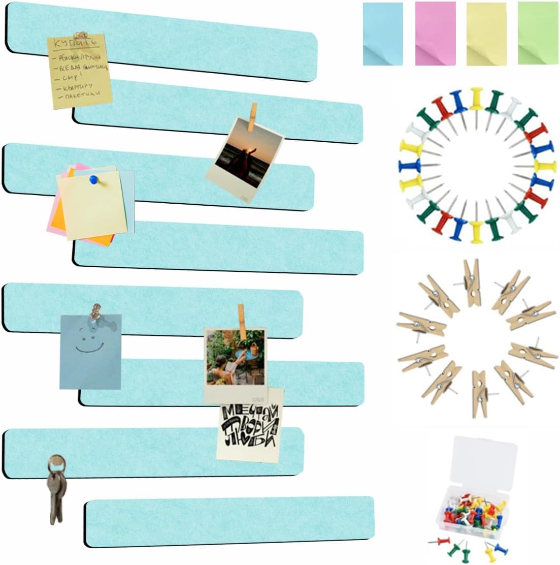 Vuzvuv 8 pcs Bulletin Board Bar Strips with 50 Pushpins & 10 Wooden Clip pins，Self Adhesive Cork Board for Wall，Felt Pin Board for School，Office Decor（Black White Grey）
