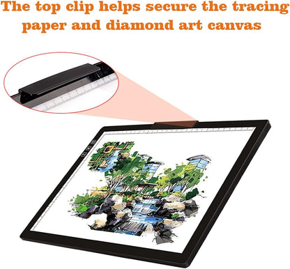 YINGWOND Rechargeable A4 LED Light Pad with Padded Case, Tracing Light Box w/Riser Stands and Paper Clip, 6 Levels of Brightness, Type-c Cable, Wireless Diamond Painting Light Board