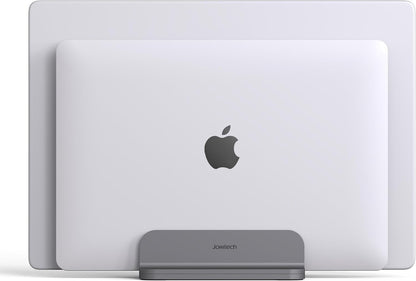 JOKItech Dual Aluminum Vertical Laptop Stand Organizer, Sturdy Notebook Computer Holder Stand Compatible with New Liquid Retina XDR Apple MacBook Air/Pro/Neo, Mac mini, Apple TV & iPad Pro - Spacegray